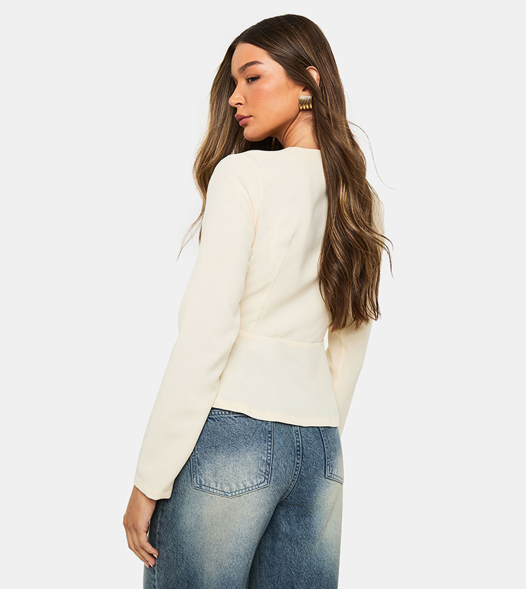 Long Sleeves Gold Button Peplum Blazer