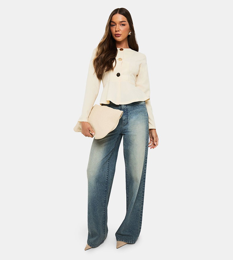 Long Sleeves Gold Button Peplum Blazer