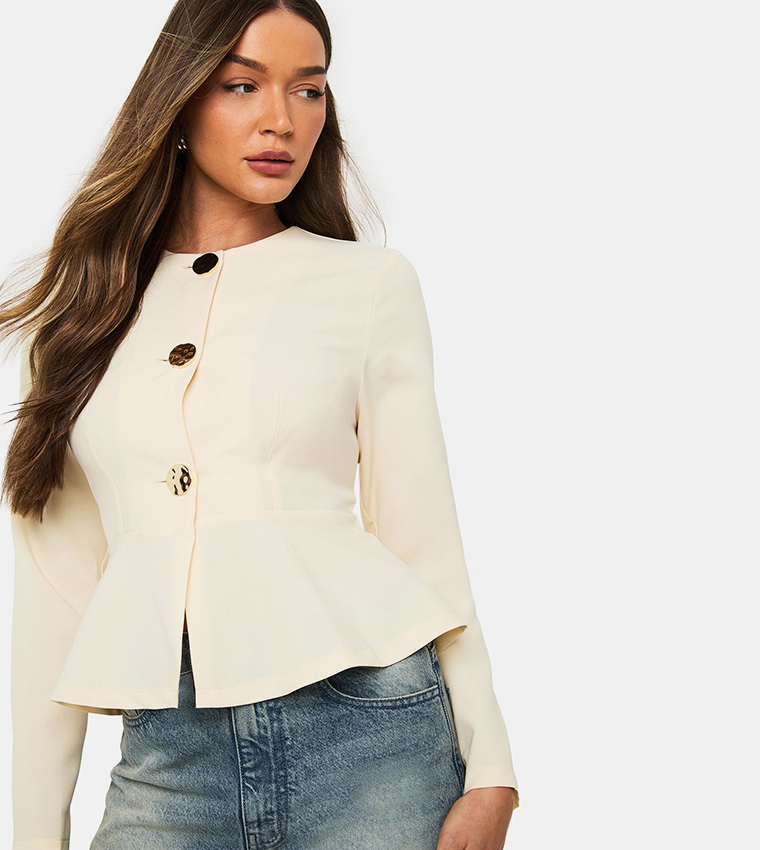 Long Sleeves Gold Button Peplum Blazer