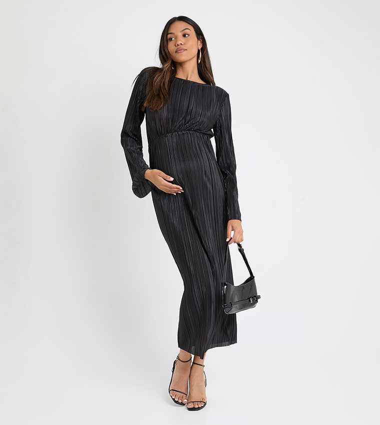 Maternity Plisse Long Sleeves Midaxi Dress