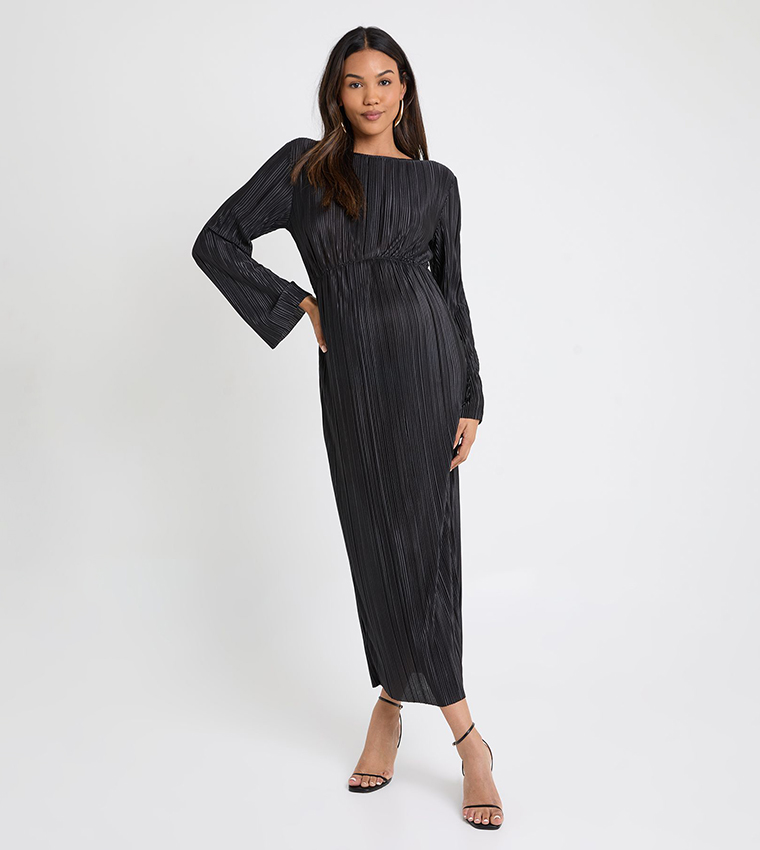 Maternity Plisse Long Sleeves Midaxi Dress