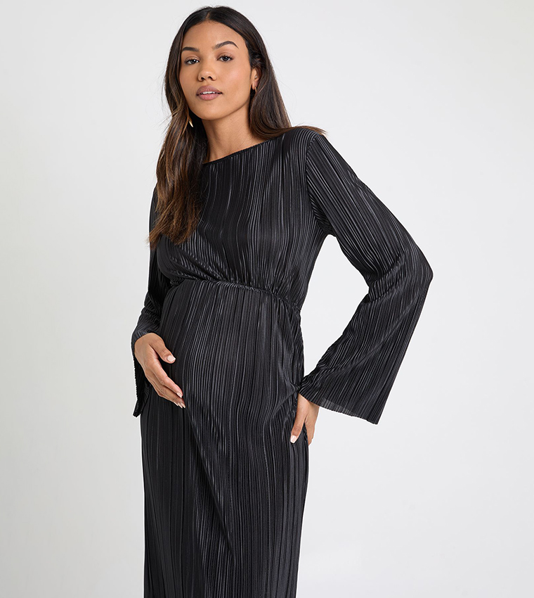 Maternity Plisse Long Sleeves Midaxi Dress