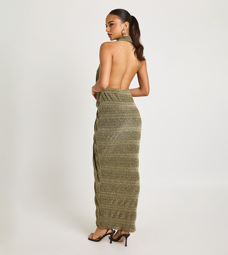 Buy Boohoo Glittered Halterneck Maxi Dress In Gold | 6thStreet UAE