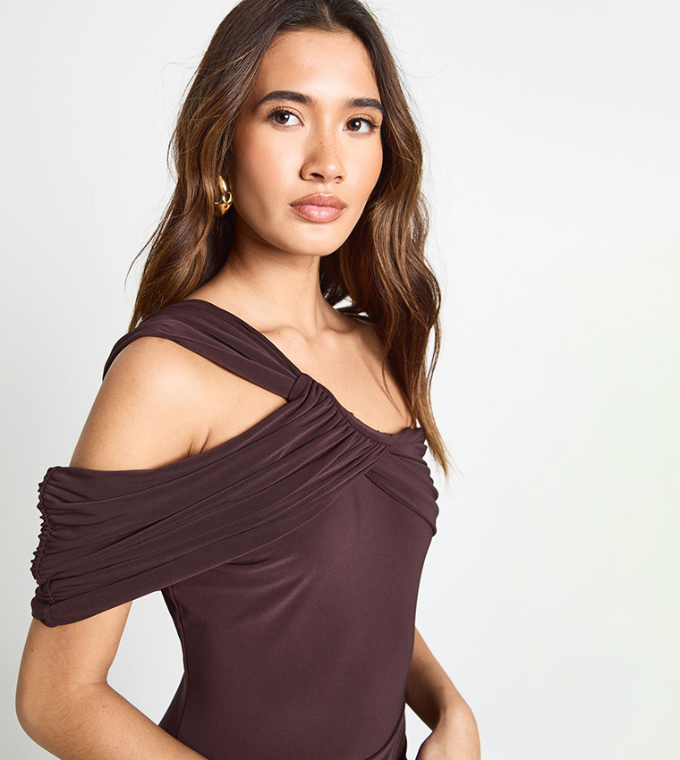 Twist Bardot Ruched Maxi Dress