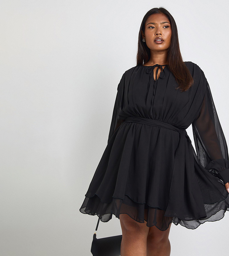 sachin and babi light blue dress Buy Boohoo Curve Chiffon Ruffle Skater Mini Dress In Black main image 0