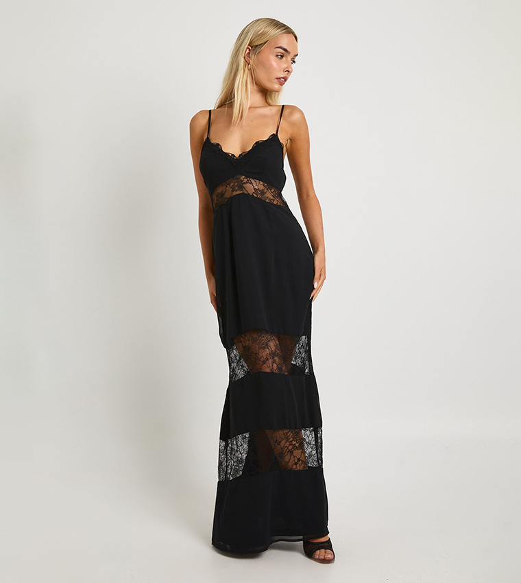 V-Neck Lace Slip Panelled Maxi Dress