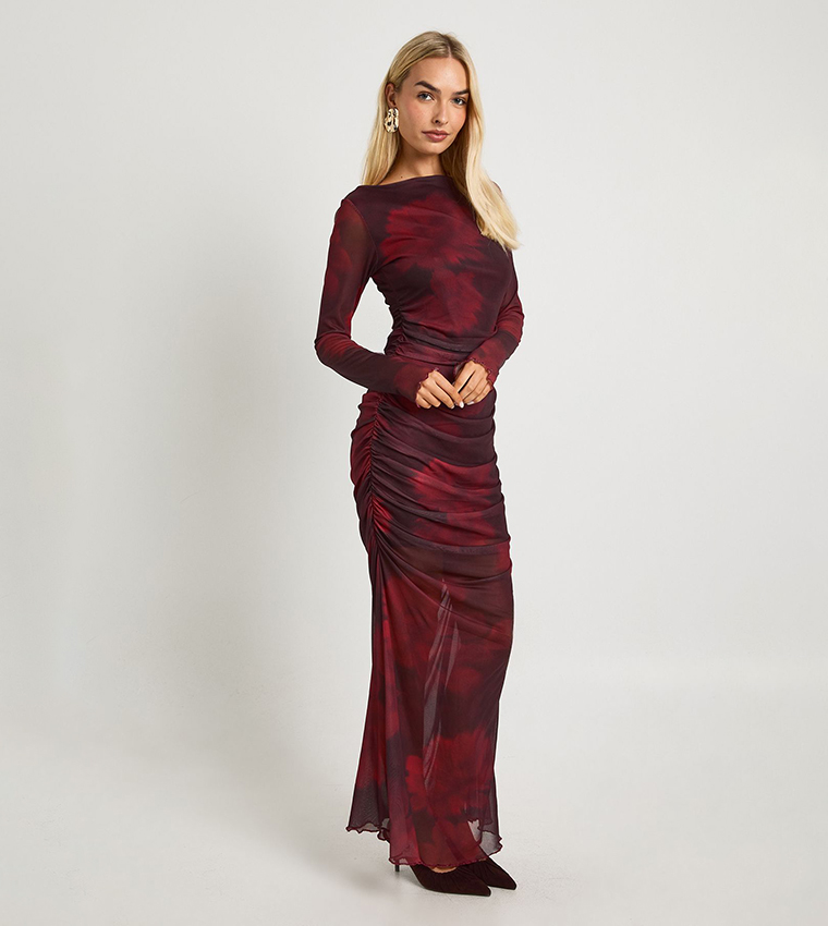 Floral Ruched Mesh Maxi Dress