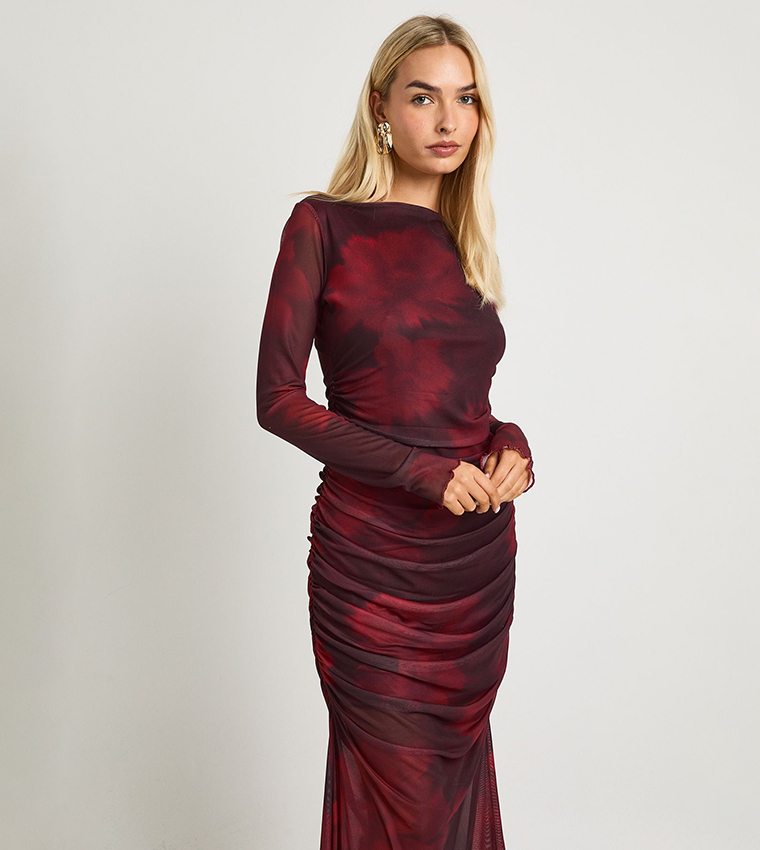 Floral Ruched Mesh Maxi Dress