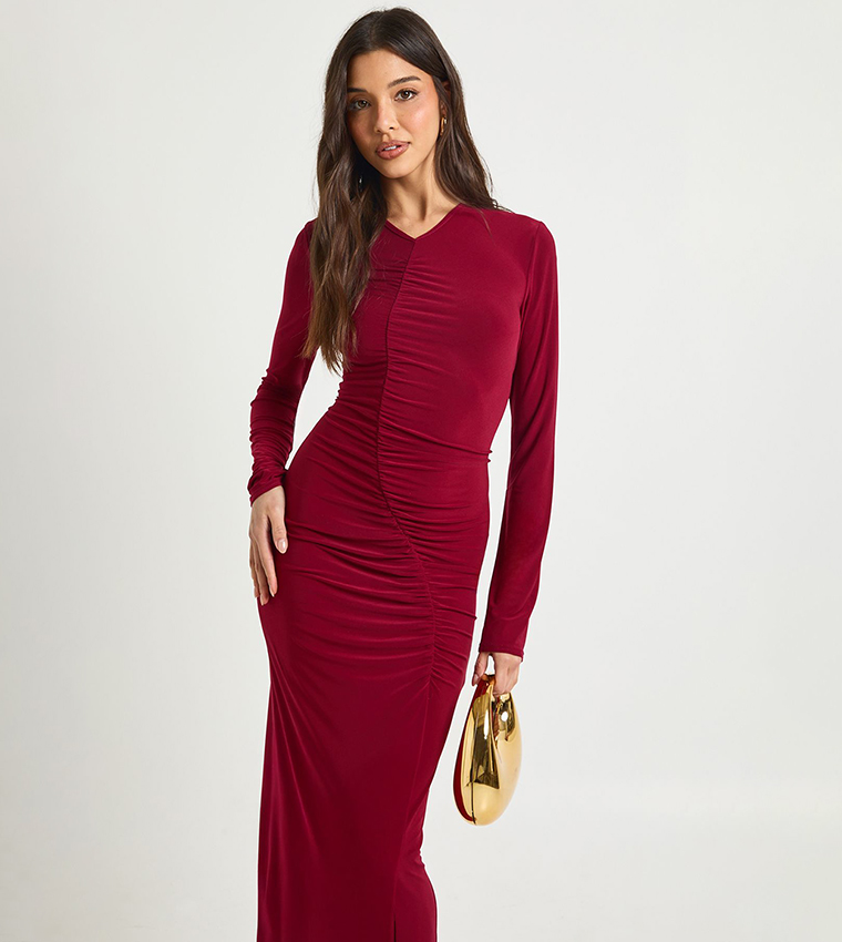 Rushed Long Sleeves Midaxi Dress