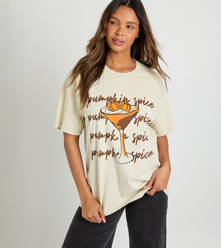 Pumpkin Spice Cocktail Printed Oversized T-Shirt