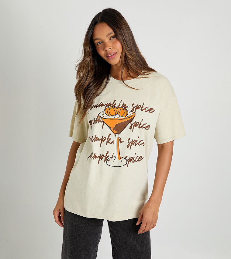 Pumpkin Spice Cocktail Printed Oversized T-Shirt