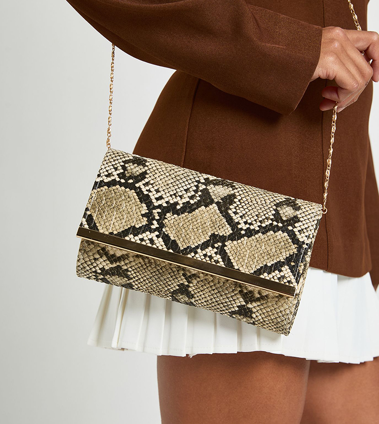 Snakeskin Print Fold Over Clutch Bag