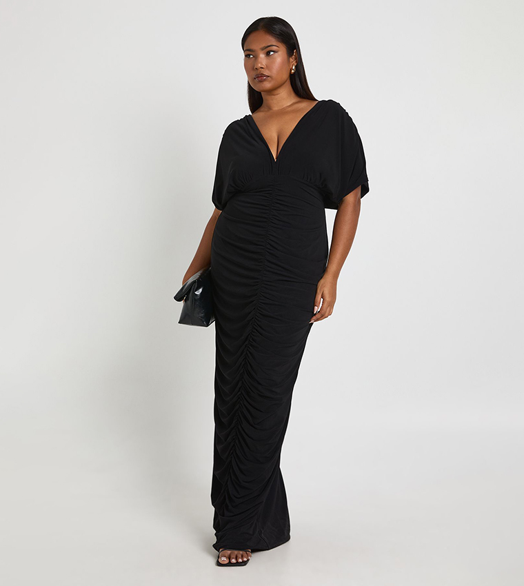 Curve Double Layer Ruched Plunge Batwing Sleeves Maxi Dress