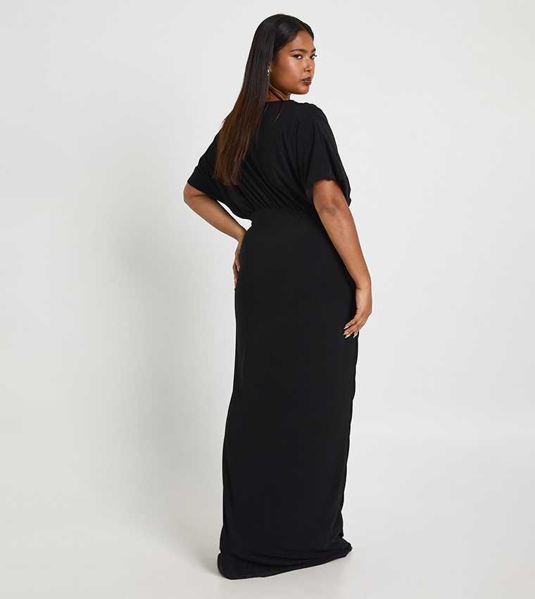 Curve Double Layer Ruched Plunge Batwing Sleeves Maxi Dress