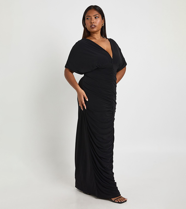 Curve Double Layer Ruched Plunge Batwing Sleeves Maxi Dress