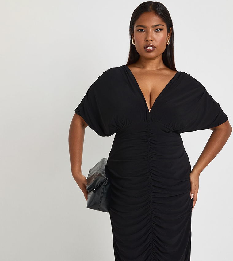 Curve Double Layer Ruched Plunge Batwing Sleeves Maxi Dress