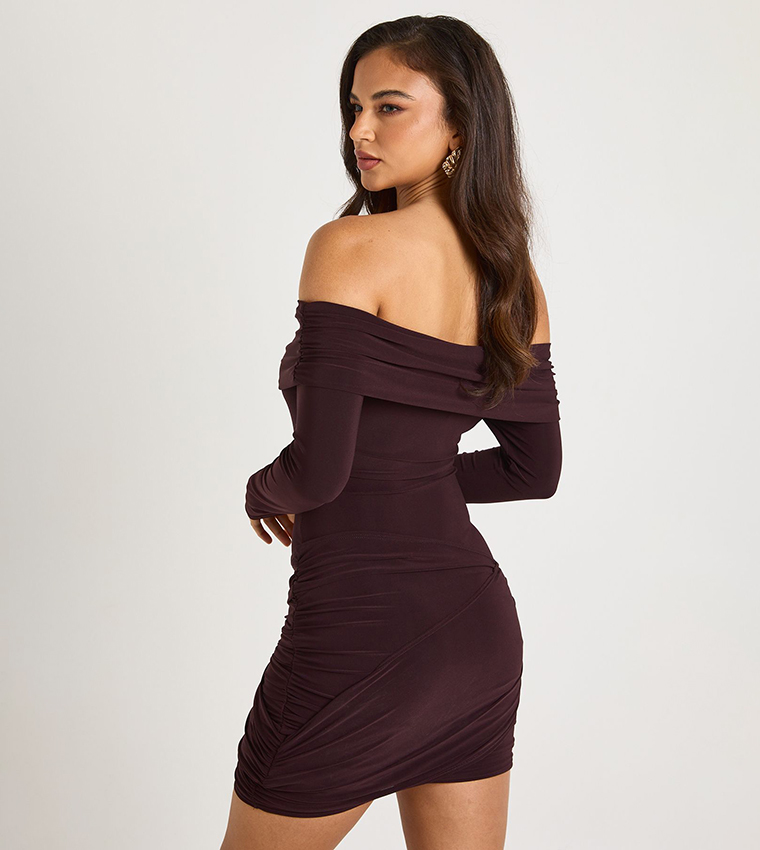 Bardot Drape Detail Long Sleeves Mini Dress