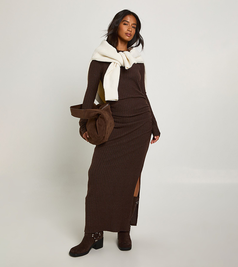 Petite Brushed Ribbed Long Sleeves Maxi Dress