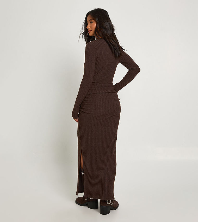 Petite Brushed Ribbed Long Sleeves Maxi Dress