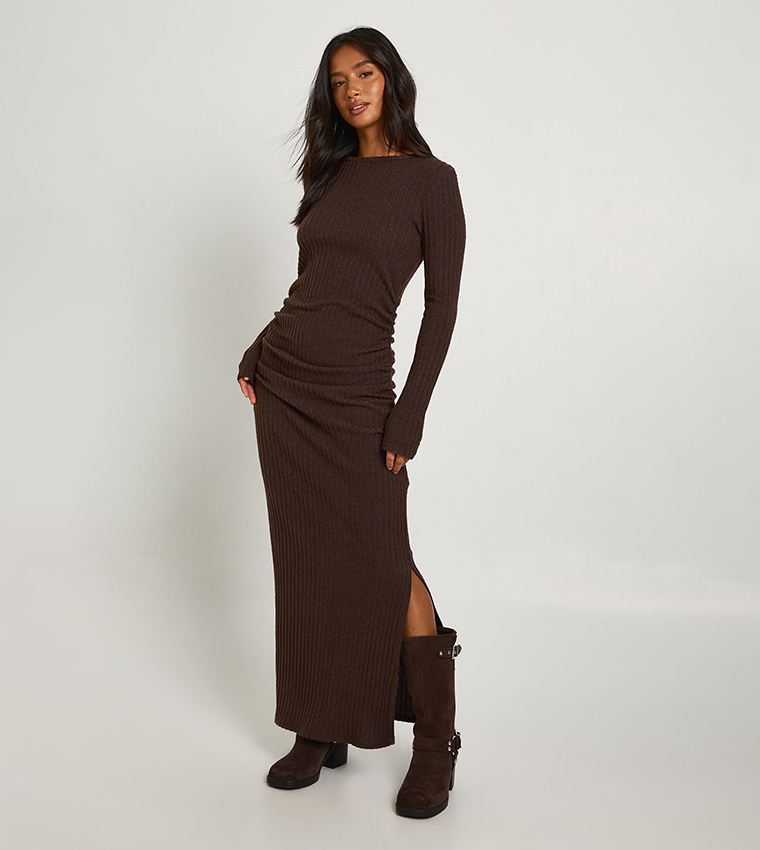 Petite Brushed Ribbed Long Sleeves Maxi Dress