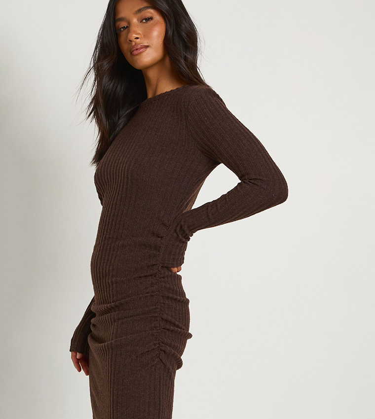 Petite Brushed Ribbed Long Sleeves Maxi Dress