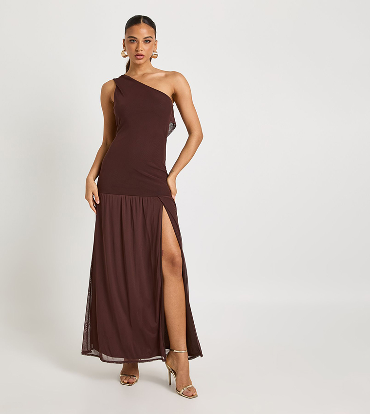 One Shoulder Cowl Back Drop Waist Maxi Dress