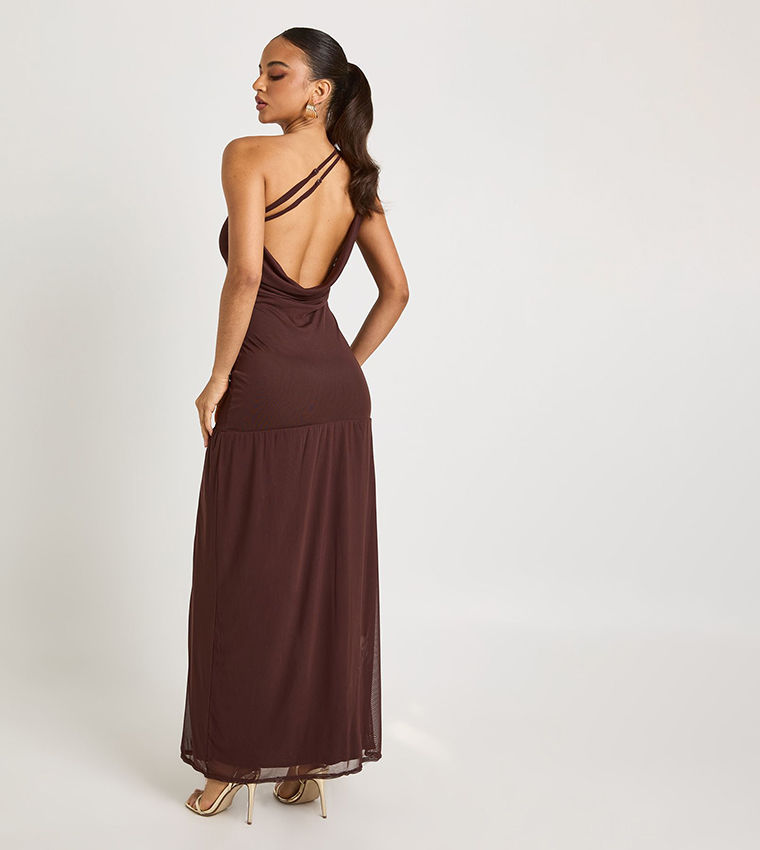 One Shoulder Cowl Back Drop Waist Maxi Dress