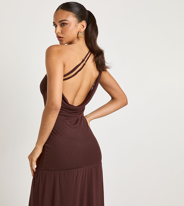 One Shoulder Cowl Back Drop Waist Maxi Dress