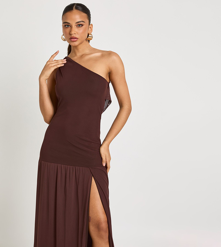 One Shoulder Cowl Back Drop Waist Maxi Dress
