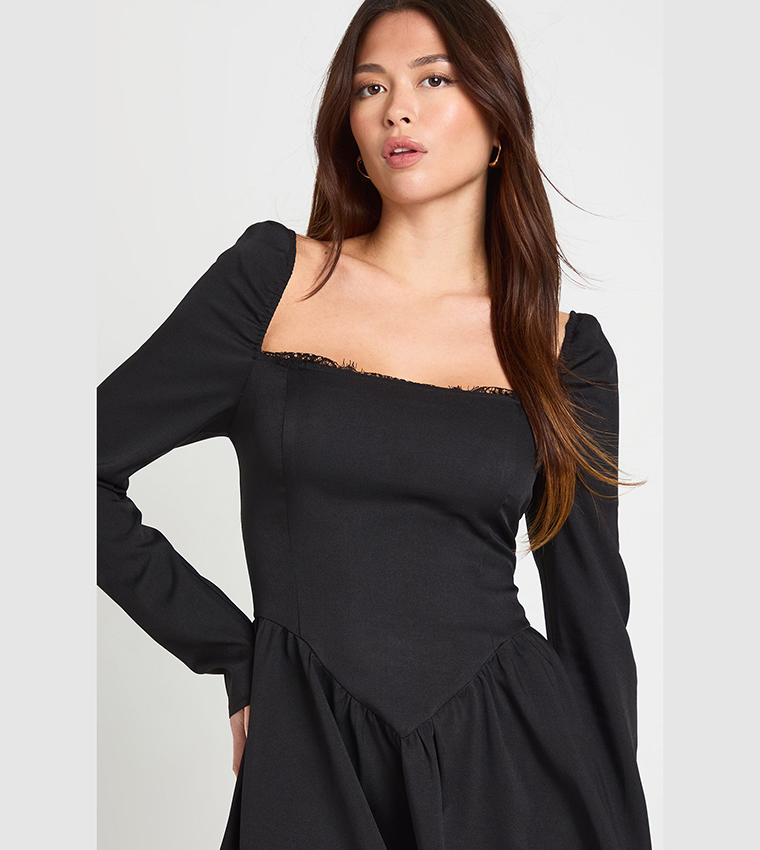 Lace Trim Drop Waist Milkmaid Mini Dress