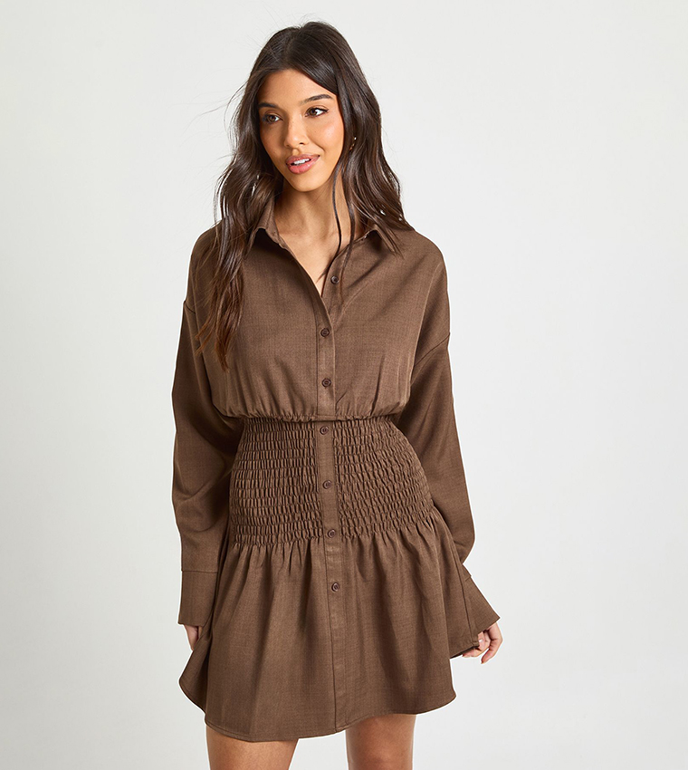Buy Boohoo Textured Shirred Waist Mini Shirt Dress In Brown | 6thStreet  Qatar