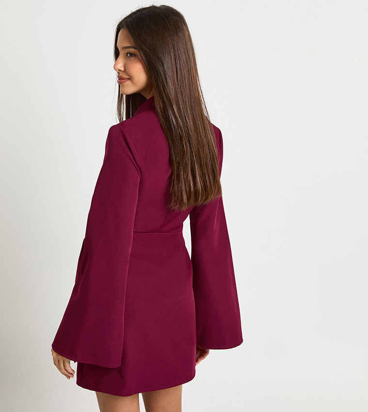 Buckle Detail Tie Waist Mini Blazer Dress