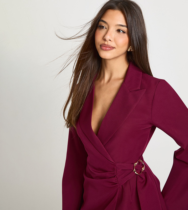 Buckle Detail Tie Waist Mini Blazer Dress