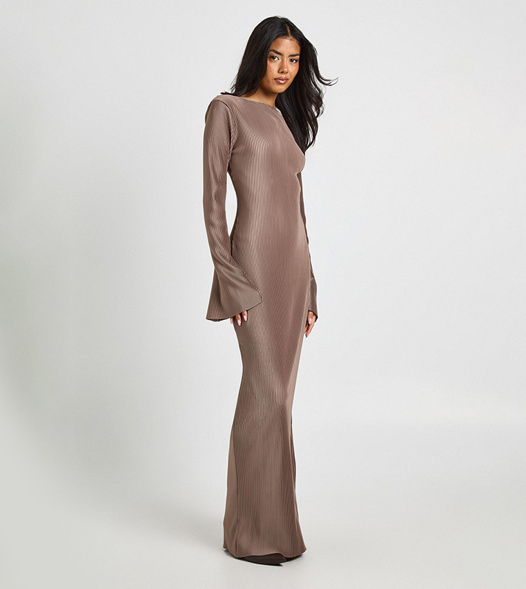 Plisse Flared Sleeves Column Maxi Dress