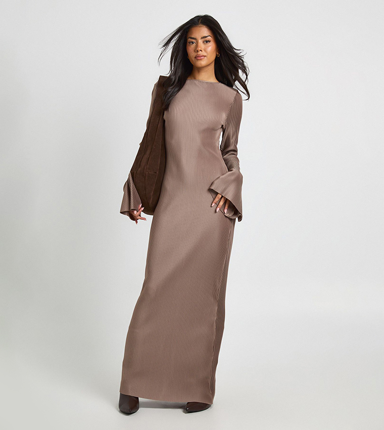 Plisse Flared Sleeves Column Maxi Dress