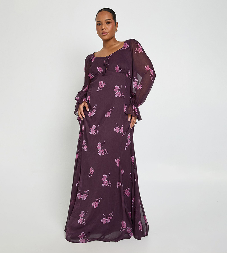 فستان ماكسي شيفون بطبعة للمقاسات الكبيرة 