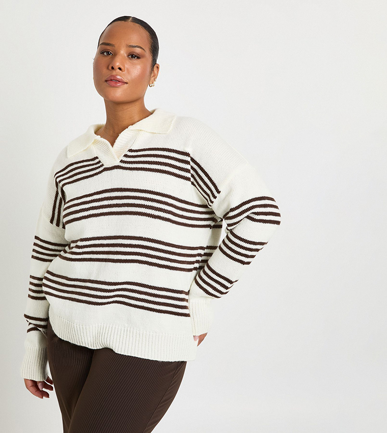 سويتر مخطط بياقة بولو للمقاسات الكبيرة 