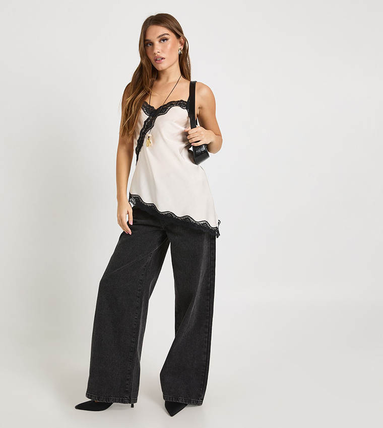 Satin Lace Mix Contrast Asymmetric Cami Top