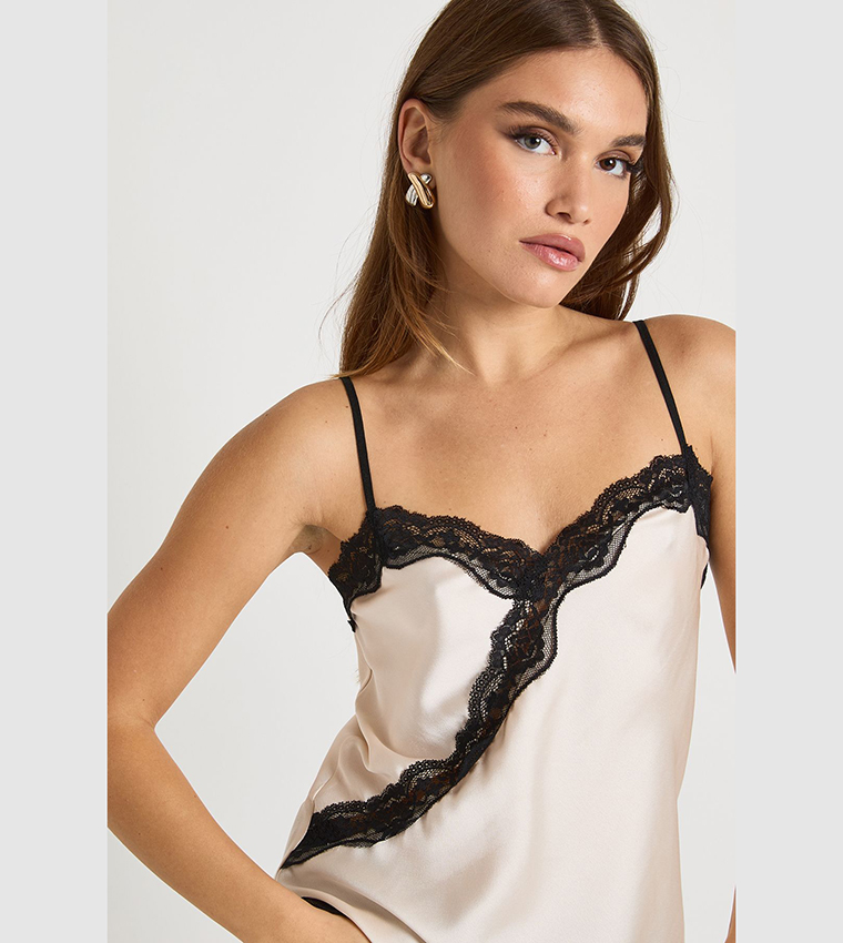 Satin Lace Mix Contrast Asymmetric Cami Top