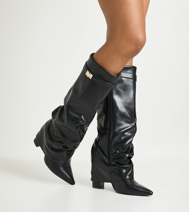 Lock Detail Slouchy Fold Over Block Heel Boots