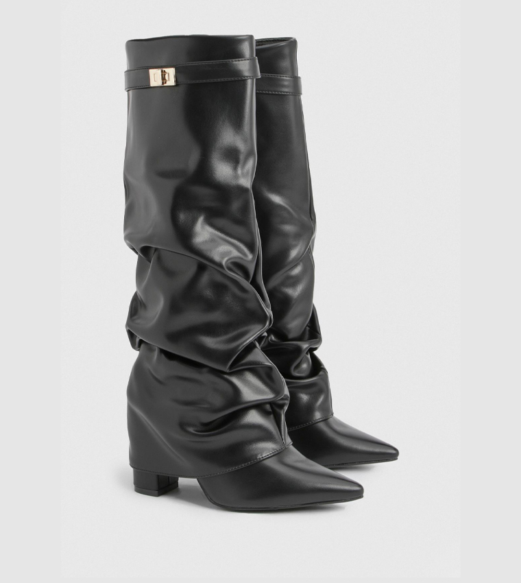 Lock Detail Slouchy Fold Over Block Heel Boots