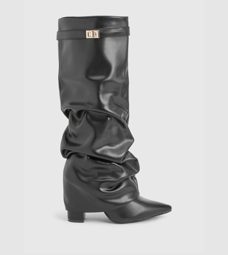 Lock Detail Slouchy Fold Over Block Heel Boots