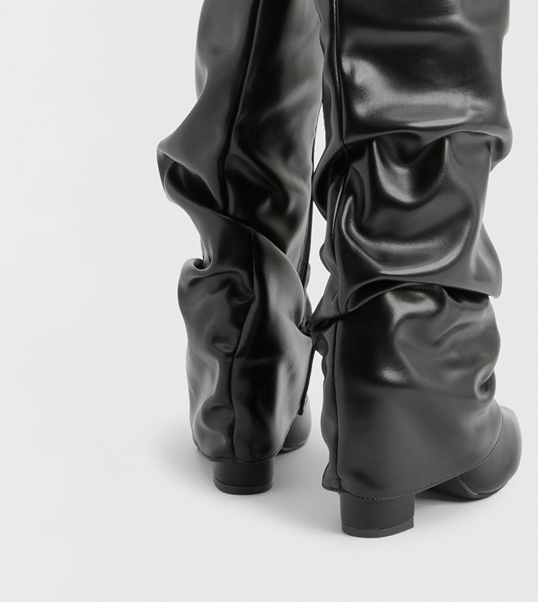 Lock Detail Slouchy Fold Over Block Heel Boots