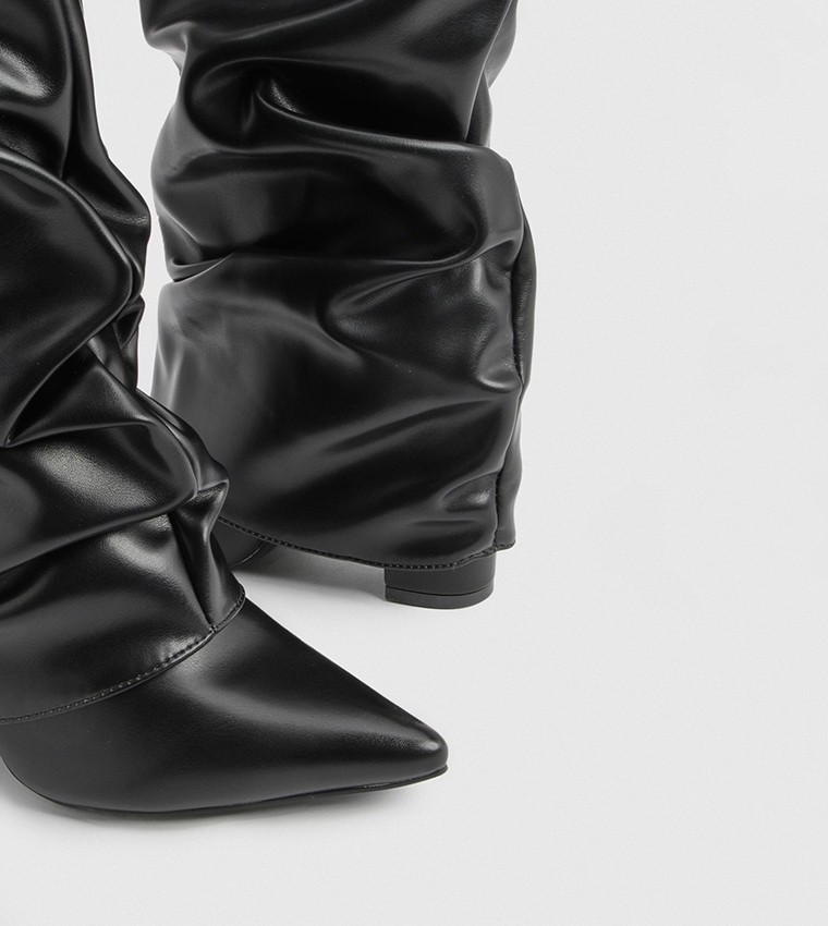 Lock Detail Slouchy Fold Over Block Heel Boots