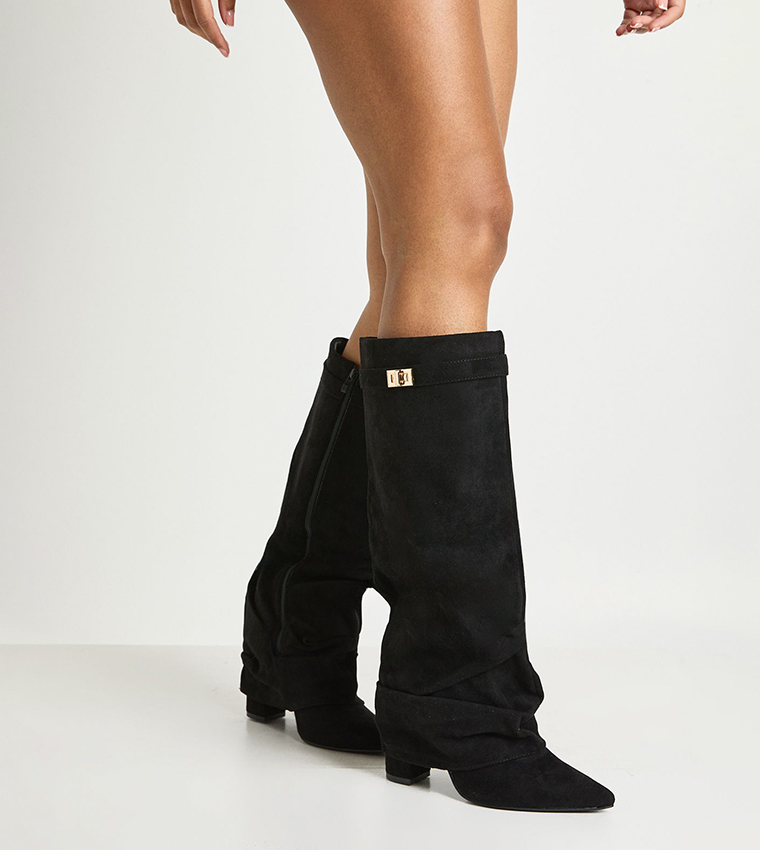 Faux Suede Lock Detail Slouchy Block Heeled Knee High Boots