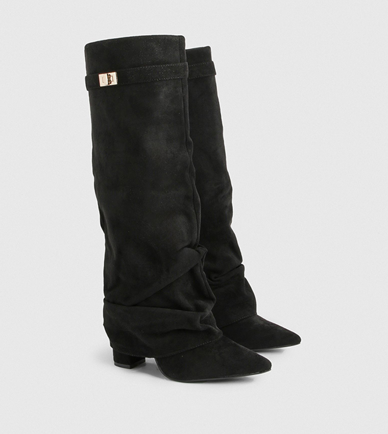 Faux Suede Lock Detail Slouchy Block Heeled Knee High Boots