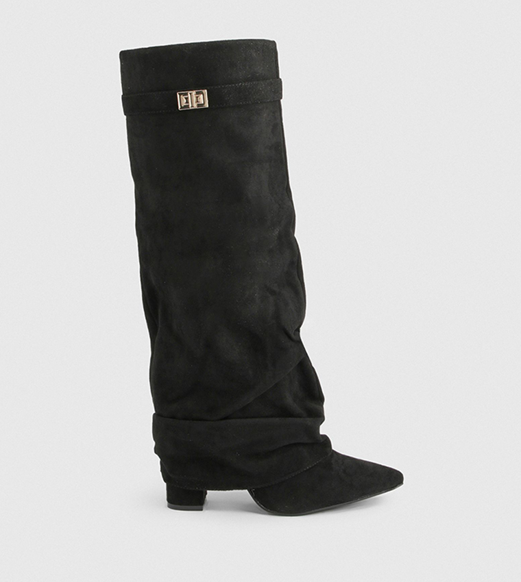 Faux Suede Lock Detail Slouchy Block Heeled Knee High Boots