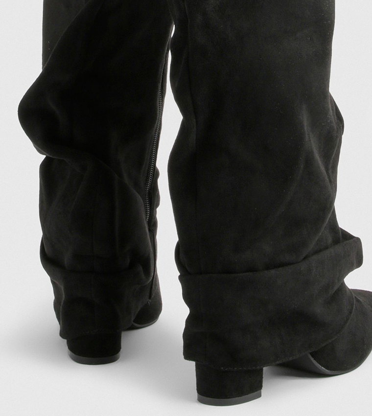 Faux Suede Lock Detail Slouchy Block Heeled Knee High Boots