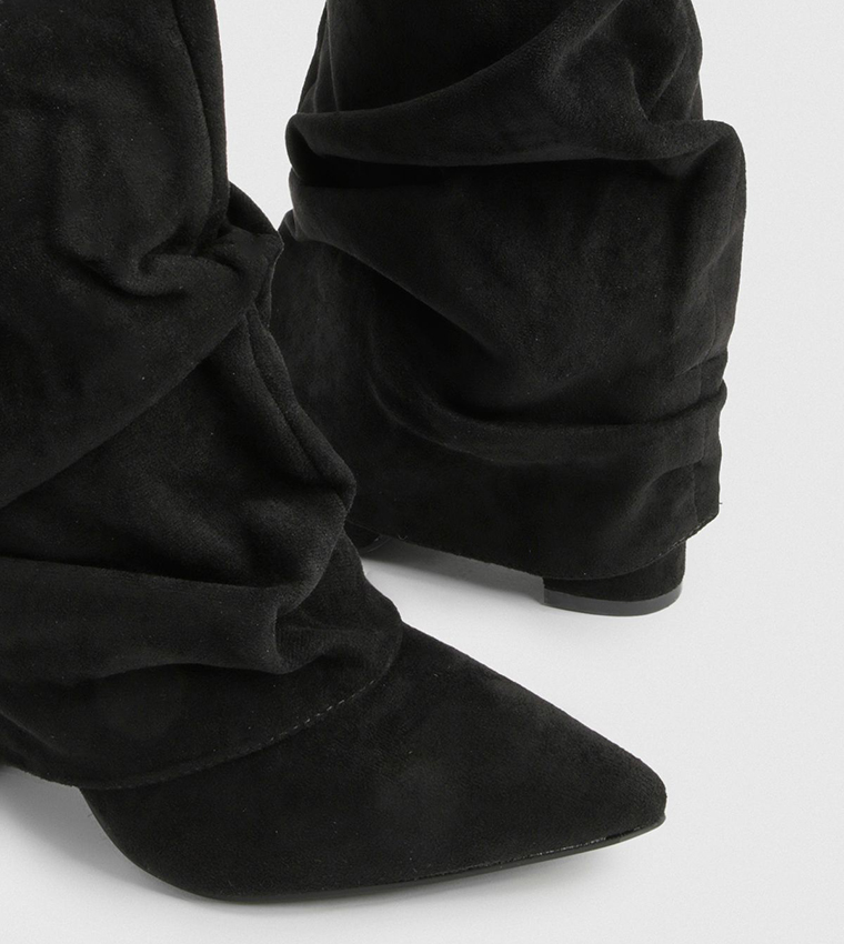 Faux Suede Lock Detail Slouchy Block Heeled Knee High Boots