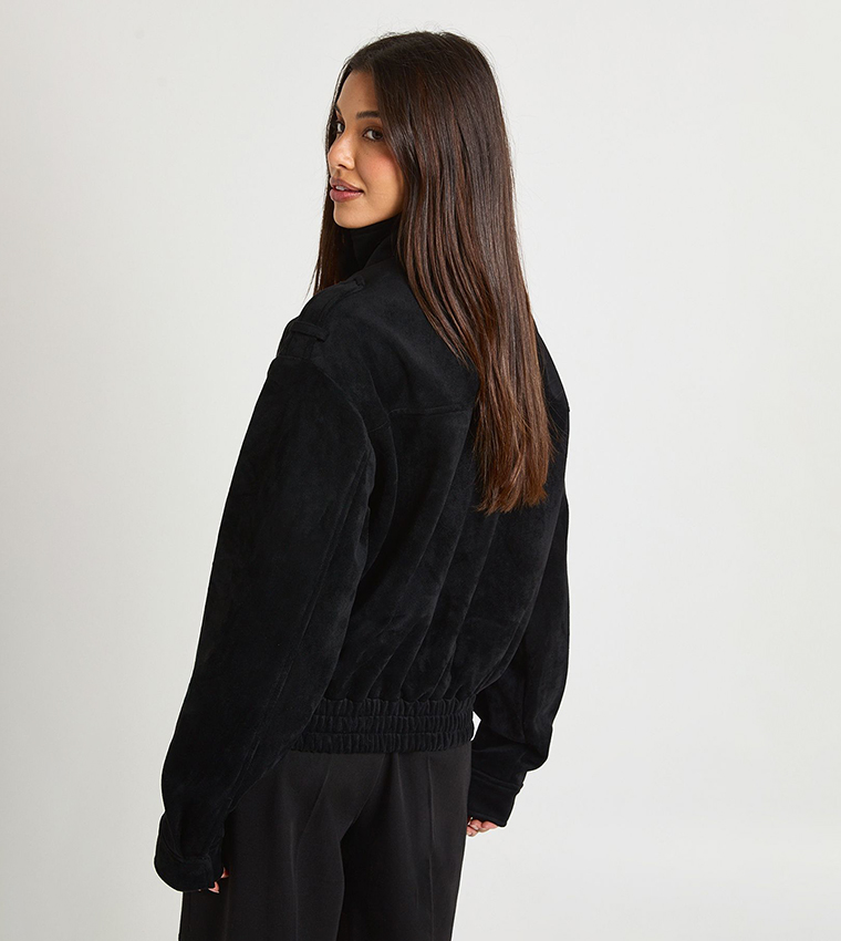 Funnel Neck Suede Pocket Detail Jacket